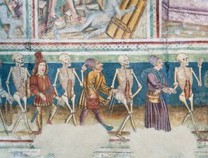 Hrastovlje befestede kirke, Treenighetskirken, Døden som ledsager kjøpmann og velstående bankmann, Dance of Death (1490), detalj fra fresker av Janez Iz Kastva, Slovenia