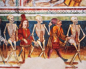 Hrastovlje befestede kirke, Treenighetskirken, Døden som ledsager kjøpmann og velstående bankmann, Dance of Death (1490), detalj fra fresker av Janez Iz Kastva, Slovenia