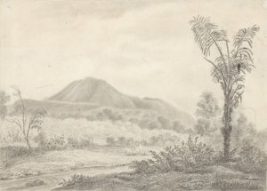 Javanesisk landskap med fjell og palmer av Jannes Theodorus Bik