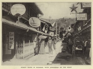 Gatebilde i Nagasaki, med Jinrikishas til høyre