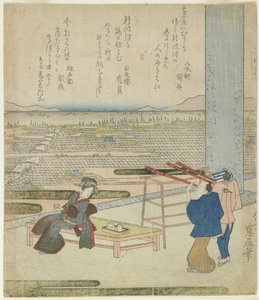 (Kvinne og to menn nyter utsikten fra en bygning på en høyde), 1820-tallet (treblokktrykk i farger) av Japanese School