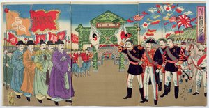 Et møte mellom japanske offiserer og koreanske embetsmenn, en episode fra den kinesisk-japanske krigen, slutten av 1800-tallet (farget treblokktrykk) av Japanese School