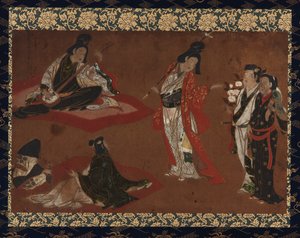 En piknikfest, hengende rulle (montert på panel), tidlig på 1600-tallet (farge og gull på papir) av Japanese School