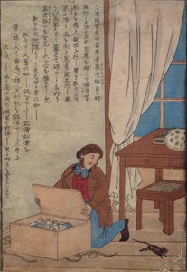 Audubon åpner sin boks med akvareller ødelagt av norske rotter, ca. 1872-77 av Japanese School