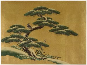 Bird in a Tree (wc mot gullmark på japansk papir) av Japanese School