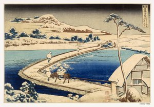 Bridge of Boats at Sawa, 1830, Hokusai Katsushika (1760-1849) (håndfarget treklosstrykk) av Japanese School