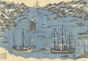 Bunkindo-trykk av utenlandske skip i havnen i Nagasaki, 1800-50 av Japanese School