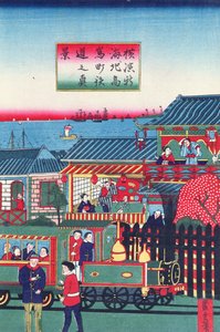 Sentral del av en triptyk som viser et tog ved Yokohama, andre halvdel av det nittende århundre (se også 277856) av Japanese School