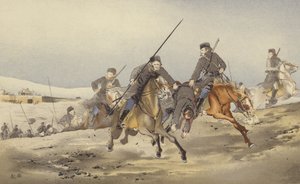 Kosakker løper vekk med en såret (chromolitho) av Japanese School