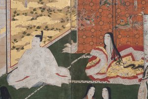 Detalj av våren i palasset, seksdelt skjerm fra The Tale of Genji, ca. 1650 (blekk, farger og gull på papir) av Japanese School