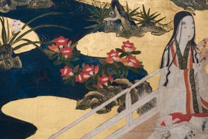 Detalj av våren i palasset, seksdelt skjerm fra The Tale of Genji, ca. 1650 (blekk, farger og gull på papir) av Japanese School