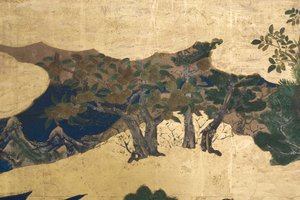 Detalj av våren i palasset, seksdelt skjerm fra The Tale of Genji, ca. 1650 (blekk, farger og gull på papir) av Japanese School