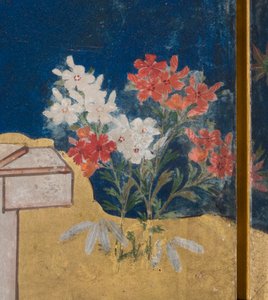 Detalj av våren i palasset, seksdelt skjerm fra The Tale of Genji, ca. 1650 (blekk, farger og gull på papir) av Japanese School