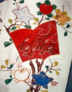 Detalj av en Uchikake eller formell overkappe (satengdamask) av Japanese School