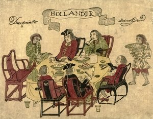 Nederlandske VOC-ansatte blir servert et måltid av javanske tjenere i Deshima, 1790-1810 av Japanese School