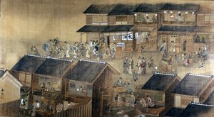 Edo by Night (blekk og farge på papir) av Japanese School