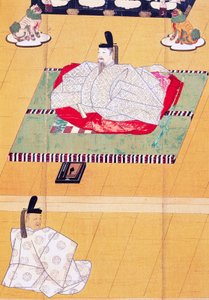 Keiser Go-Daigo og minister Fujifusa, tresnitt, Kamakura-perioden (1185-1333), japansk sivilisasjon av Japanese School
