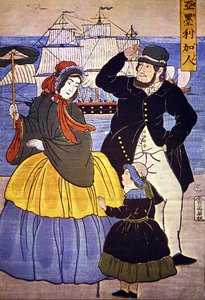 Europeisk familie ved Yokohama havnefront malt av en japansk kunstner i 1861 av Japanese School