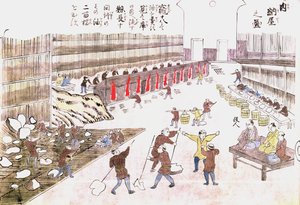 Fabrikk for tilberedning av hvalprodukter, sent på 1800-tallet (fargegravering) av Japanese School