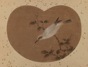 Viftemaleri med fugl (recto) (blekk og farge på papir) av Japanese School
