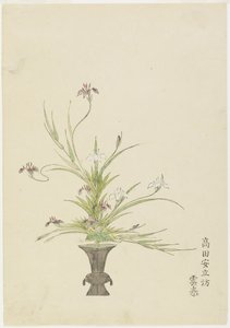 Blomsterarrangement av Takada Anritsub? Untai, iris (håndfarget treblokktrykk) av Japanese School