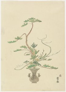 Blomsterarrangement av Takada Anritsub? Untai; Furu, bambus og plomme (håndfarget treblokktrykk) av Japanese School
