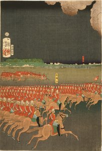 Franske og britiske tropper engasjert i militære treningsmanøvrer, Yokohama, Japan. Britisk kavaleriøvelse. En del av triptyk av Taiso Yoshitoshi (1839-1892) japansk Ukiyo-e-kunstner. Hest av Japanese School