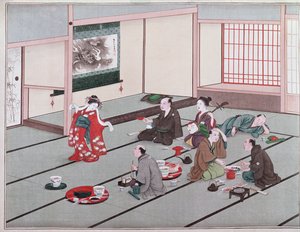 Japanere spiser, drikker og blir underholdt i tehuset (wc) av Japanese School