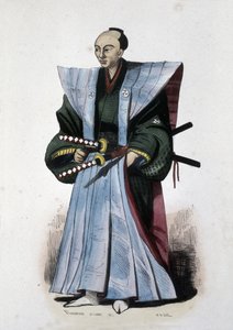 Japansk adelsmann med våpen og seremoniell antrekk, 1860 (gravering) av Japanese School