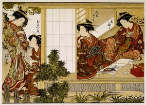Japanske kvinner som skriver og leser. 1700-tallstrykk. av Japanese School