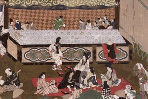 Kabuki teater på en messe i Kyoto, illustrasjon etter et 17. maleri fra 