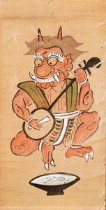 Kakemono som viser en djevel som spiller shamisen (blekk og farge på papirrull) av Japanese School