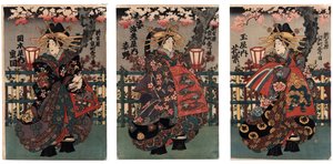 La courtisane Shigeoka de Okamoto-ya; La courtisane Sugatano de Sugataebi-ya; La courtisane Hanamurasaki de Tama-ya --Courtesaner Shigeoka, Sugatano og Hanamurasaki. Triptych. Fra serien The Beauties of the Yoshiwara --Anonymous --Mellom 1848 og 1 av Japanese School