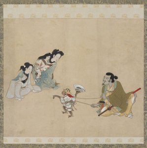 Apetrener og ape som utfører en dans, Edo-periode (blekk, farge og gull på papir) av Japanese School