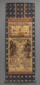 Veggmaleri: Nedstigning av tjuefem bodhisattvaer (deltakere av Amitabha-triaden), 1700-tallet (Triptyk hengende ruller: blekk, farge og gull blad på papir, messing) av Japanese School