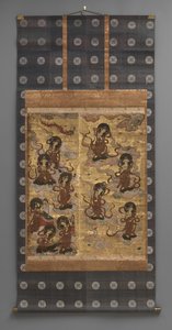 Veggmaleri: Nedstigning av tjuefem bodhisattvaer (deltakere av Amitabha-triaden), 1700-tallet (Triptyk hengende ruller: blekk, farge og gull blad på papir, messing) av Japanese School
