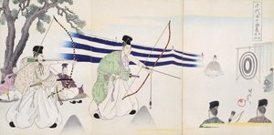 Adelsmenn som øver bueskyting, fra et album med tresnitt (treblokktrykk i farger) av Japanese School