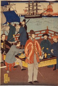 Ett trykk av triptyk som viser europeiske kjøpmenn som tar en forfriskning med japansk. I bakgrunnen er skip i Yokohama havn, Japan av Japanese School