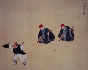 Or.961 fol.9 En danser og musikere, fra 'Musical Performances of Ryukyu (vellum) av Japanese School