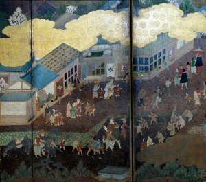 "Portugisisk" skjerm: en representasjon av ankomsten av portugisiske jesuittmisjonærer til Japan på 1500-tallet. Detalj. Realisert av Kanoskolen (?). 1593-1600. Lisboas museum for antikk kunst av Japanese School
