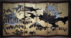 "Portugisisk" skjerm som representerer ankomsten av portugisiske jesuittmisjonærer til Japan på 1500-tallet. 1590-1614. Kano skole (?) Lisboa. Nasjonalmuseet for antikk kunst av Japanese School