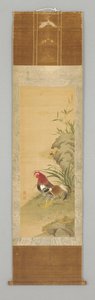 Rooster by a Rock, sent 18. eller tidlig 19 århundre (hengende rulle: blekk og farge på silke, tre) av Japanese School