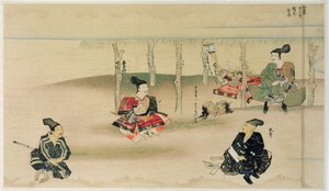 Samurai Takezaki leverer hodene til to mongolske inntrengere til Adachi Morinume under den mongolske invasjonen av Japan i 1274, illustrasjon fra magasinet Kokka, mai 1921 av Japanese School
