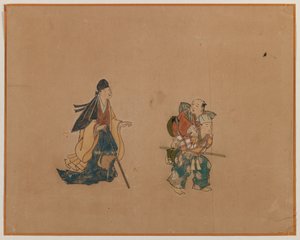 Samurai and Two Blindmen, Album Leaf Painting (blekk og farge på papir) av Japanese School