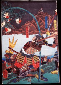Samurai viser avkuttede hoder av fiendene sine på bambusstokker, sewamono (hjemmelek) av Japanese School