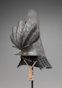 Samurai hjelm (tre, lakk, metall og fiber) av Japanese School