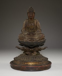 Sittende Miroku Bosatsu (polykromt tre med krystall, metall og bladgull) av Japanese School