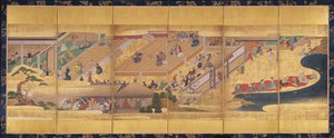 Seksfolds skjerm med Noh Play Funa-Benkei, c.1660 (farge, gofun & blekk & gull på papir) av Japanese School