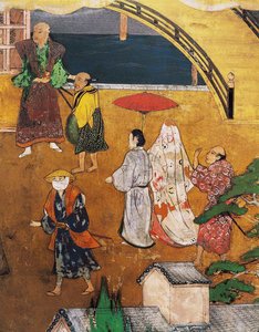 Portugisernes ankomst til Japan, detalj av et gatebilde, fra en Namban Byobu-skjerm, 1594-1618 av Japanese School