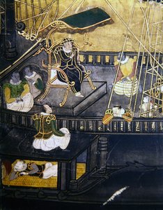 Portugisernes ankomst til Japan, detalj som viser menn i den sentrale delen av et skip, fra en Namban Byobu-skjerm, 1594-1618 av Japanese School